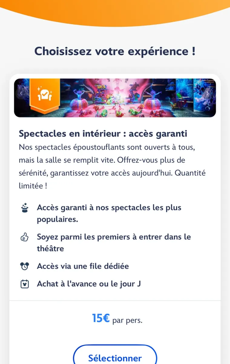 Écran Choisissez votre expérience avec l’offre Spectacles en intérieur : accès garanti à 15€ par personne