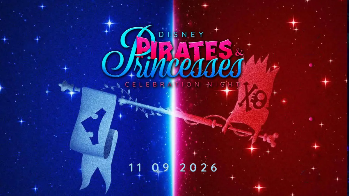 Official poster for the Disney Pirates & Princesses Celebration Night on 11 September 2026, with a princess banner and a pirate flag