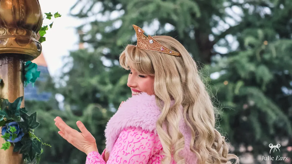 La princesse Aurore, en cape rose et diadème doré, lors d’une rencontre avec les personnages à Disneyland Paris.