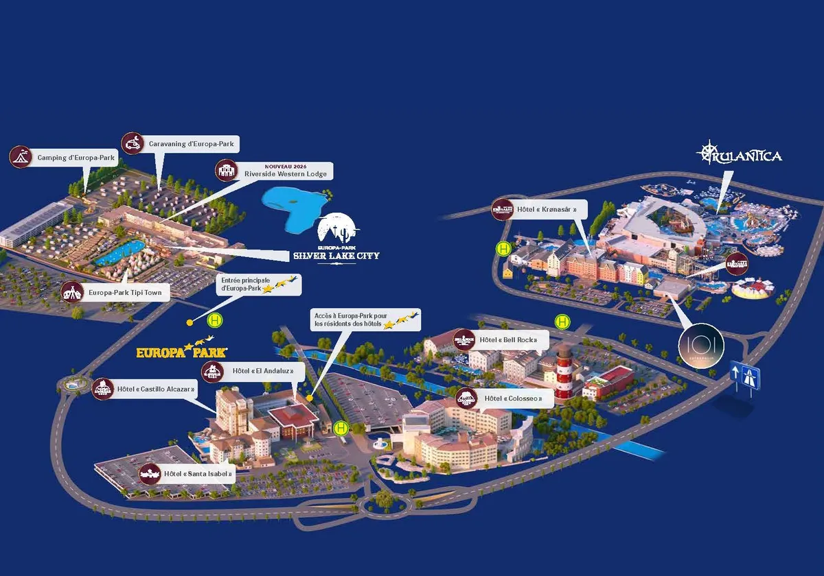 Plan du resort Europa-Park : les hôtels thématiques au sud près de l’entrée, le camping et Silver Lake City au nord, Krønasar et Rulantica à l’est