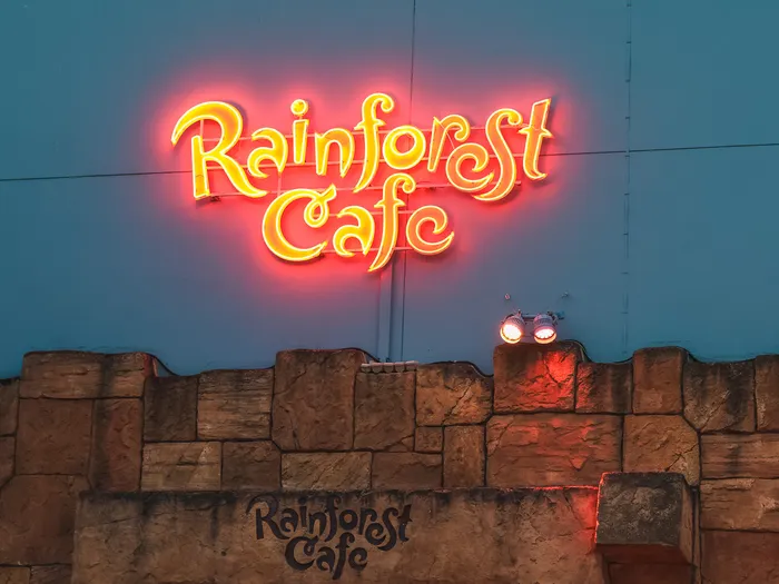 Enseigne au néon orange du Rainforest Café allumée au-dessus d’un muret de pierre, à la nuit tombée au Disney Village.