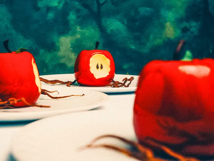 Pommes rouges glacées dressées sur assiettes blanches, dont une croquée