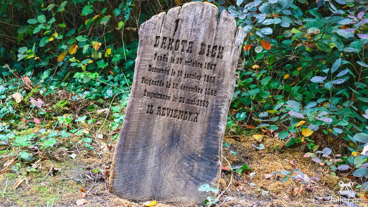 Dakota Dick’s wooden headstone in Boot Hill cemetery, Frontierland: hanged, cut down, stabbed then poisoned between 1867 and 1869, "He will return"