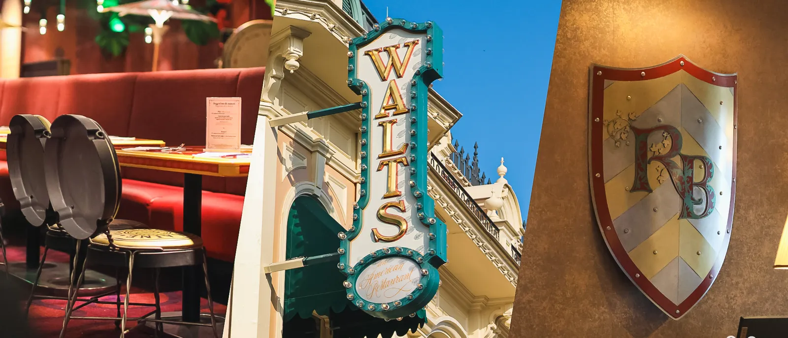 Montage de restaurants de Main Street à Disneyland Paris, salle à banquettes rouges et enseigne Walt’s.