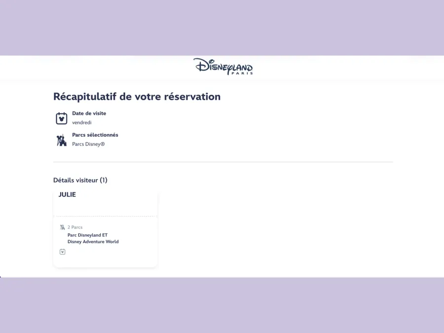 Récapitulatif de la réservation avec la date de visite et les parcs sélectionnés