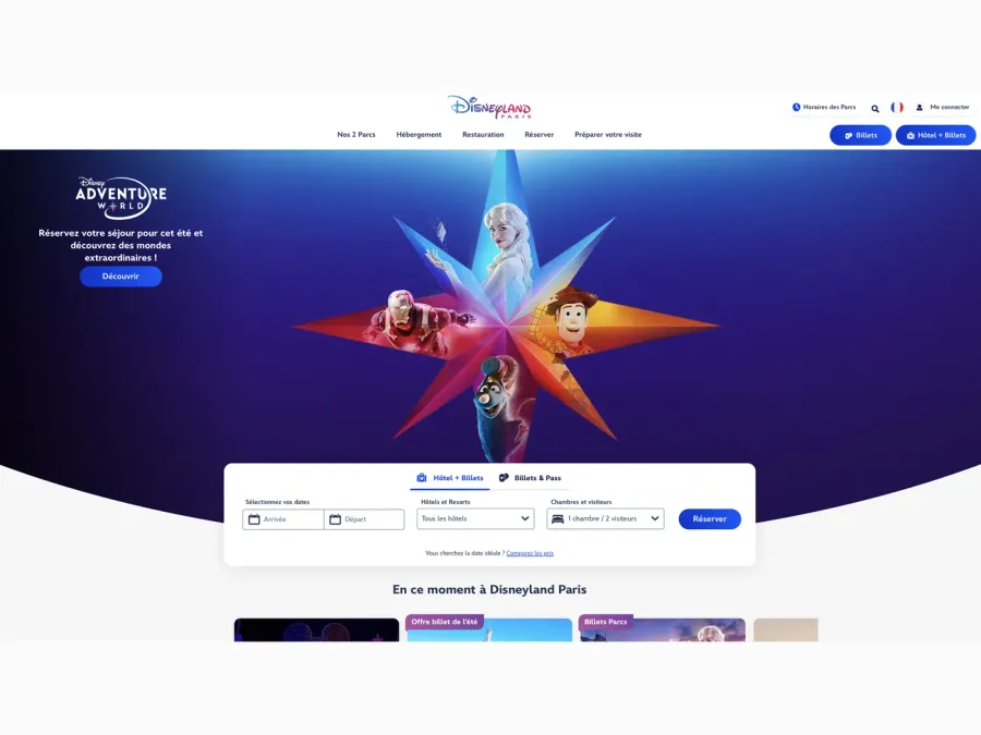 Page d’accueil du site officiel Disneyland Paris, point de départ pour acheter ses billets