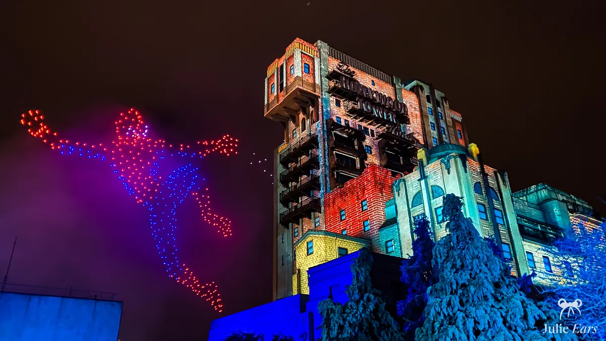 Drones drawing a giant Spider-Man by the Tower of Terror, Avengers: Power the Night 2023, Disney Adventure World (then Walt Disney Studios)