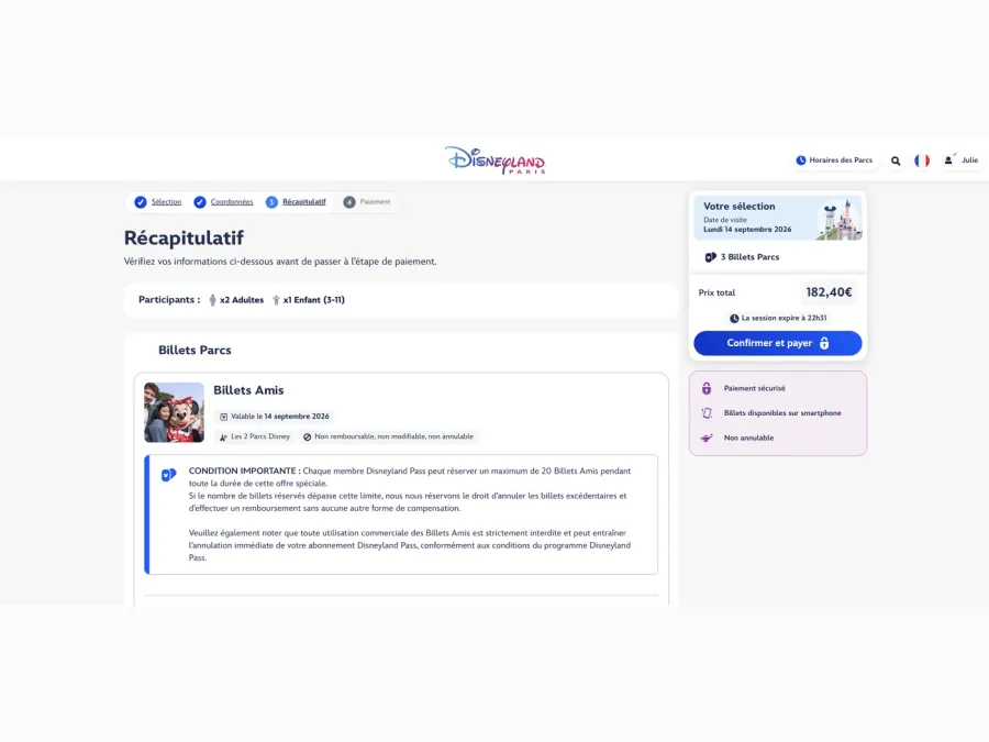Récapitulatif de la commande de Billets Amis avant paiement, avec le nombre de participants