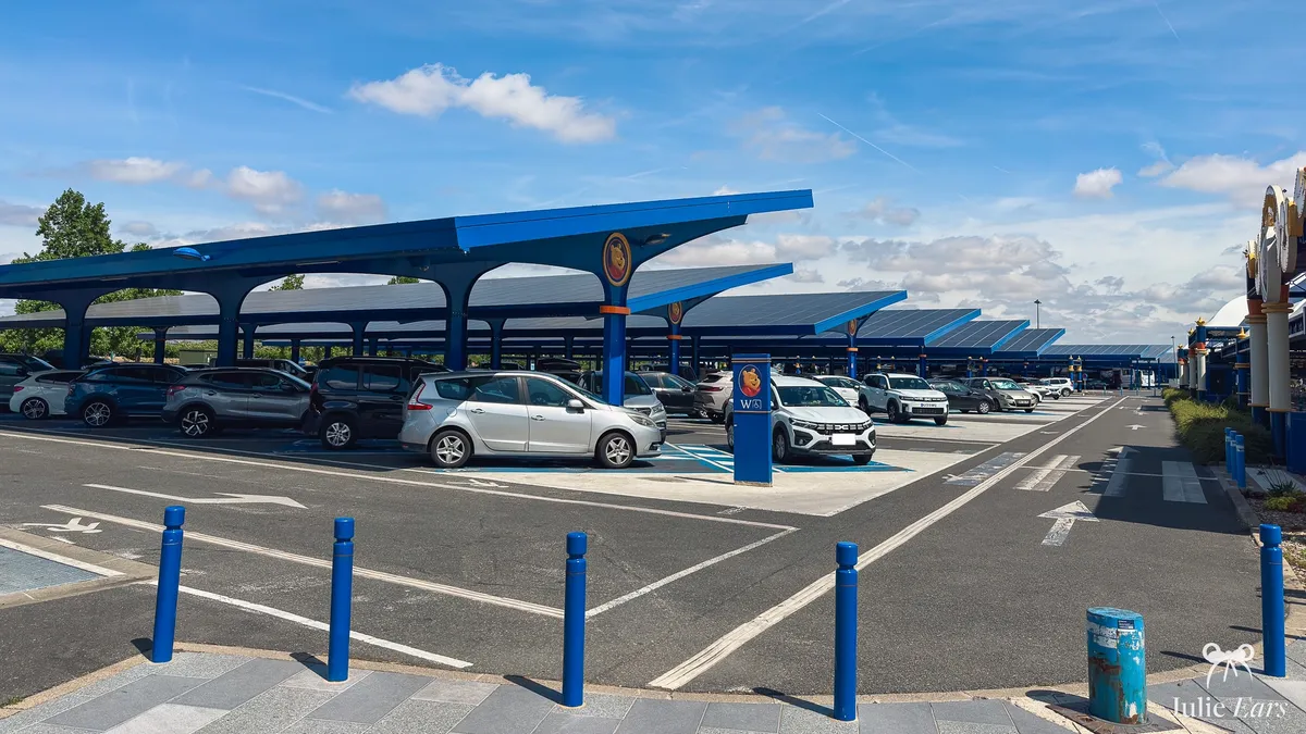 Winnie aisle of the Disneyland Paris car park under blue canopies, with a Winnie the Pooh wheelchair sign and blue-marked accessible spaces