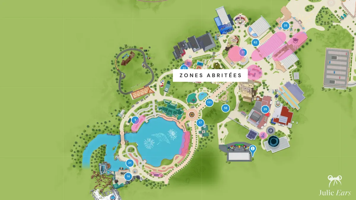 Plan du Parc Disney Adventure World surlignant les zones abritées où rester à couvert en cas de pluie