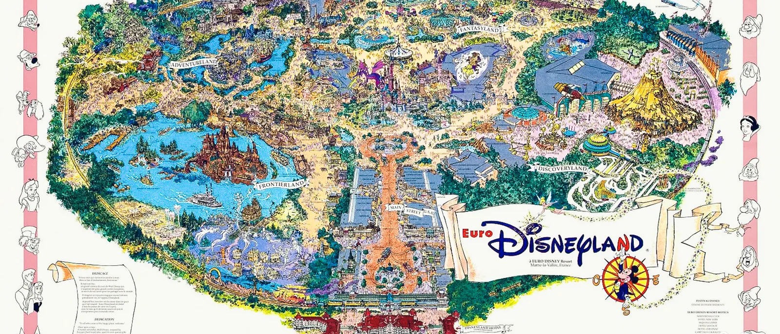 Plan illustré d’Euro Disneyland en 1992 montrant les lands, le château et des croquis de personnages en marge.