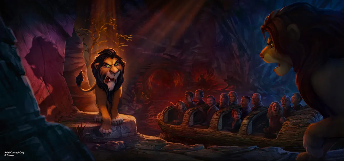 Concept art of Scar in the upcoming The Lion King ride at Disney Adventure World