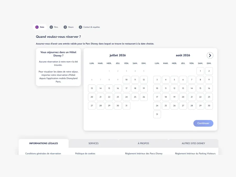 Écran de choix de la date de réservation de restaurant sur le site officiel