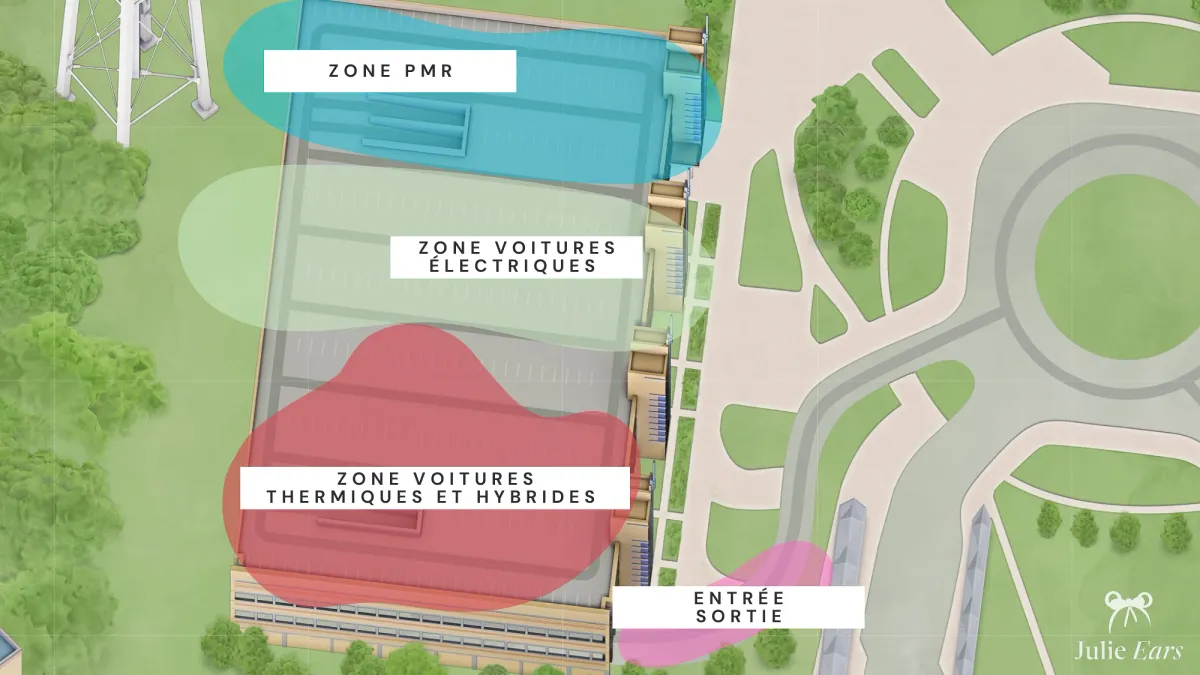 Plan du parking Indigo du Disney Village situant la zone PMR, la zone voitures électriques, la zone voitures thermiques et hybrides, et l’entrée-sortie