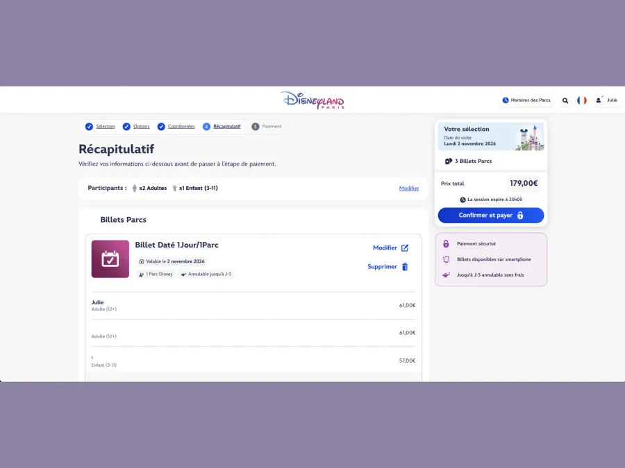Récapitulatif de la commande de billets avant de confirmer et payer