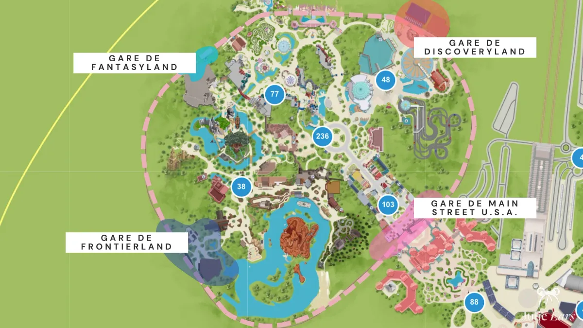 Plan du Parc Disneyland avec la boucle du Disneyland Railroad et ses quatre gares : Main Street U.S.A., Frontierland, Fantasyland et Discoveryland