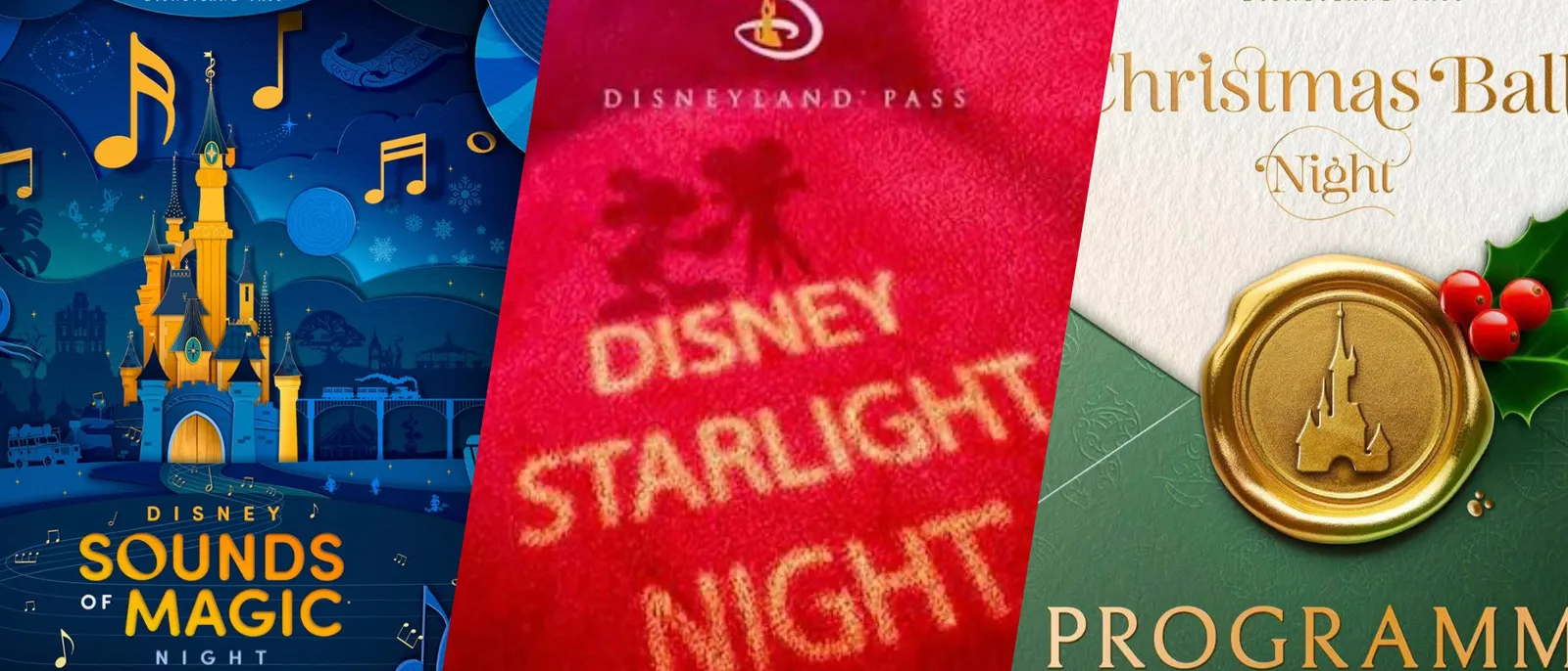 Trois affiches de soirées Disneyland Pass 2025 : Sounds of Magic, Disney Starlight Night et Christmas Ball Night