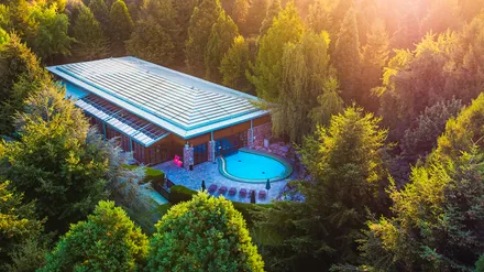 La piscine extérieure du Disney Sequoia Lodge, entourée de rochers et de sapins