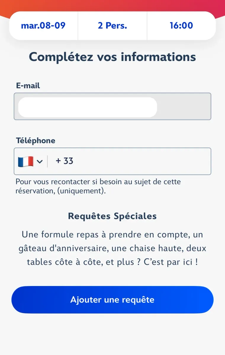 Écran de saisie de l’e-mail et du téléphone, avec l’ajout d’une requête spéciale