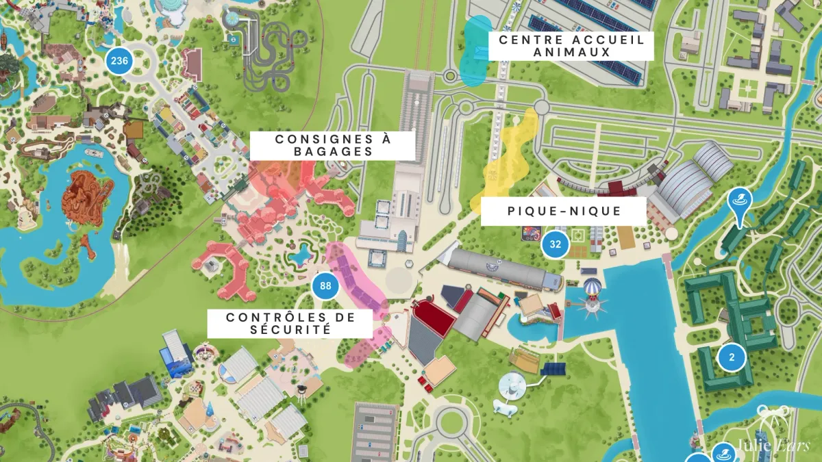 Plan de la zone d’arrivée de Disneyland Paris situant les consignes à bagages, les contrôles de sécurité, le Centre Accueil Animaux et l’aire de pique-nique