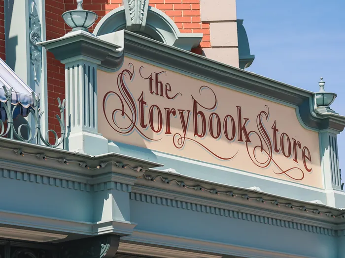 Ornate sign of The Storybook Store on Main Street U.S.A. at Disneyland Paris