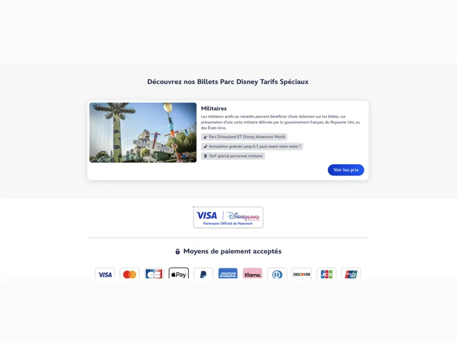 Encart Militaires du site Disneyland Paris avec les conditions et le bouton Voir les prix