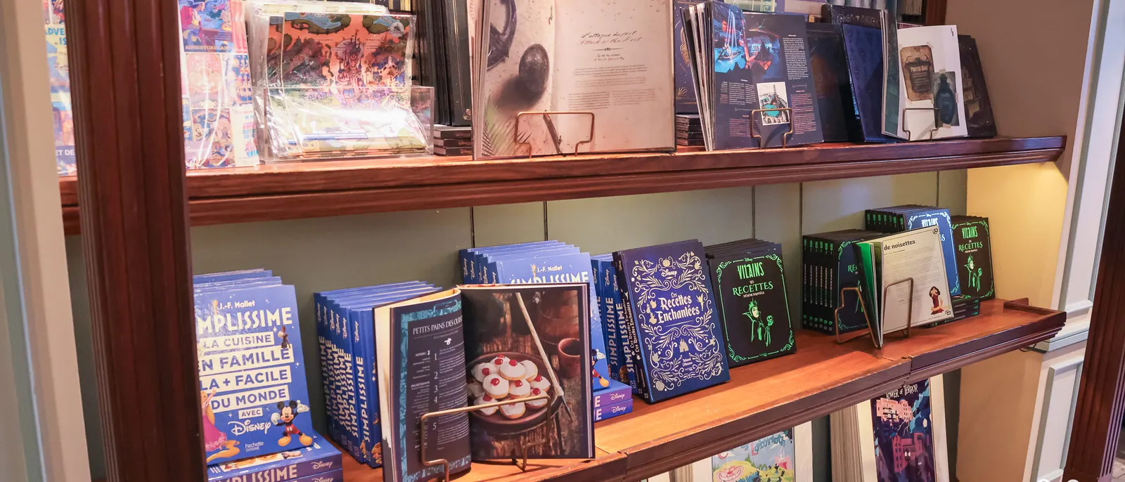Étagères en bois garnies de livres Disney, beaux ouvrages, livres de recettes et de cuisine présentés de face.