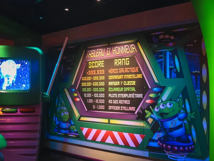 Panneau lumineux Tableau d’honneur listant les rangs et scores dans la file de Buzz Lightyear Laser Blast.