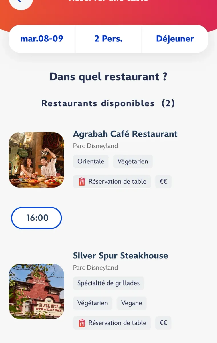 Liste des restaurants encore disponibles avec leurs horaires, selon les critères choisis