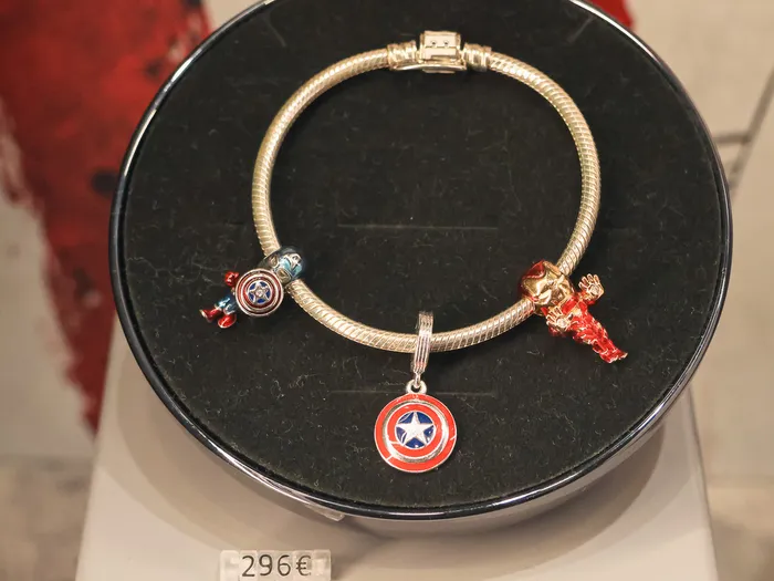 Silver Pandora bracelet and Marvel charms, Captain America’s shield and Iron Man