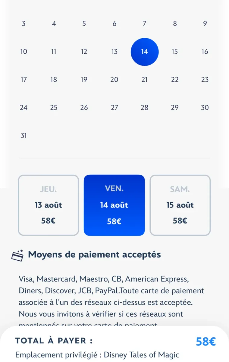 Calendrier de choix de la date avec le prix de l’emplacement privilégié par date