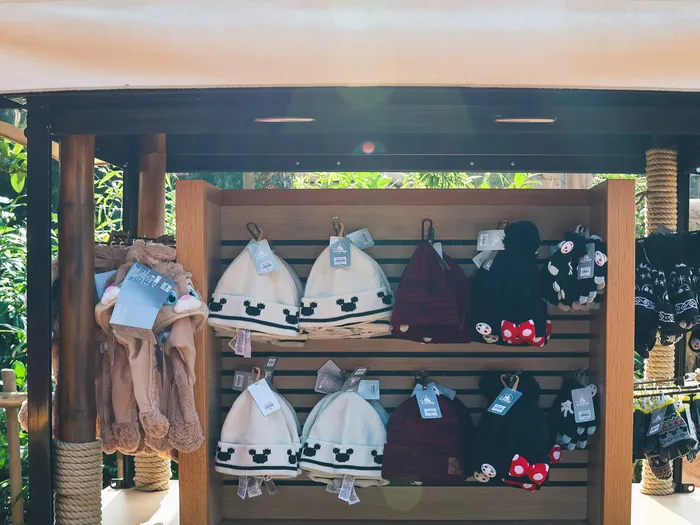 Mickey and Minnie beanies and slippers on a wooden stand at Temple Traders Boutique
