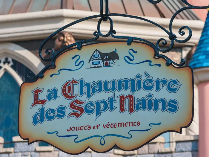 La Chaumière des Sept Nains sign, for toys and clothes, at Disneyland Paris.