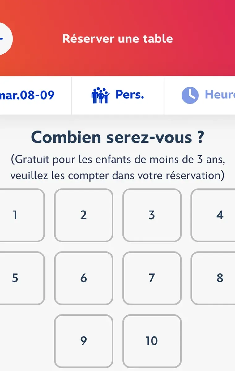 Écran de choix du nombre de personnes pour la réservation de restaurant