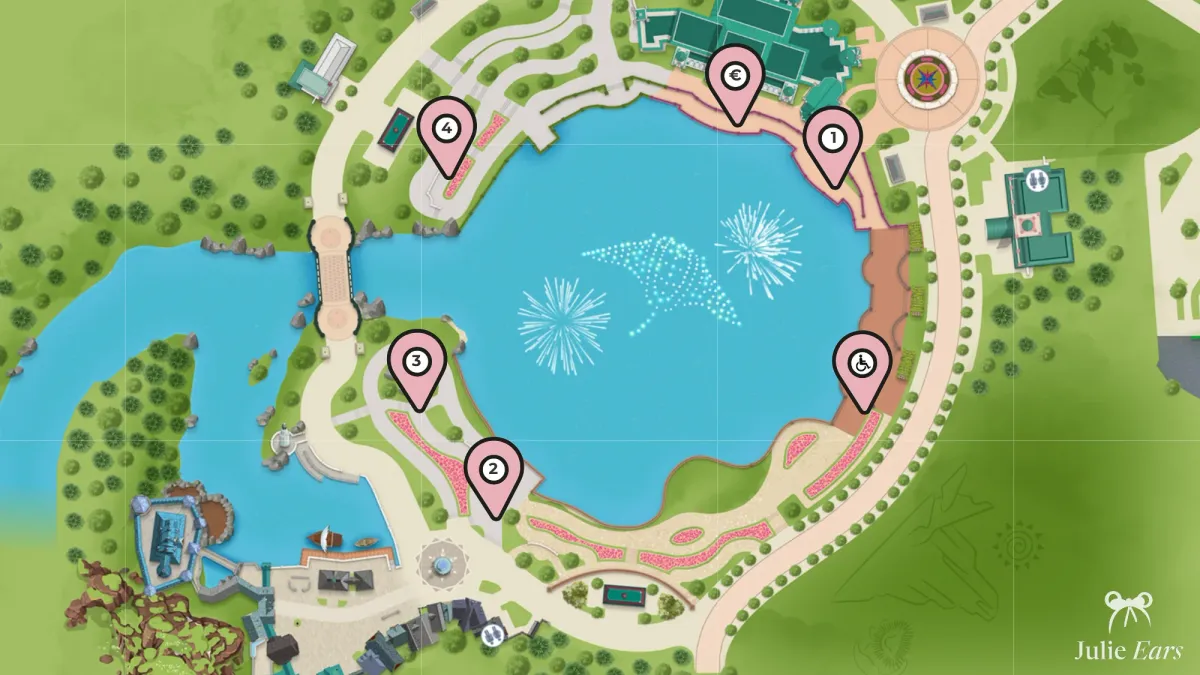 Plan du lac du Parc Disney Adventure World situant les quatre meilleurs emplacements pour voir Disney Cascade of Lights, l’emplacement privilégié et la zone PMR