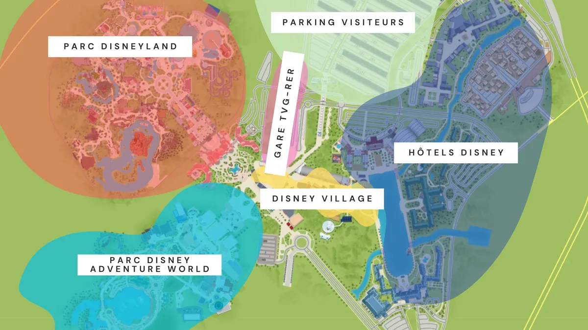 Illustration situant les deux parcs, le Disney Village, la gare et les hôtels de Disneyland Paris