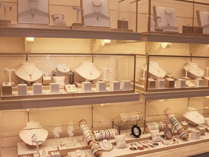 Jewellery display case (necklaces, bracelets, rings) at Harrington’s Fine China & Porcelains at Disneyland Paris.