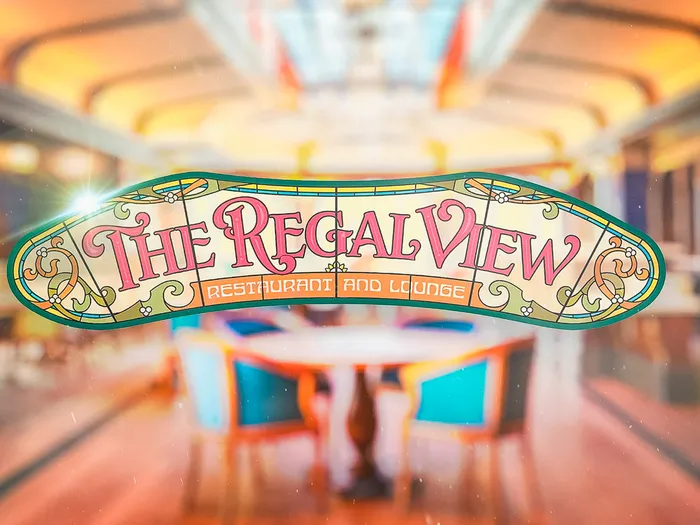 Enseigne en vitrail « The Regal View Restaurant and Lounge » devant la salle, à Disneyland Paris