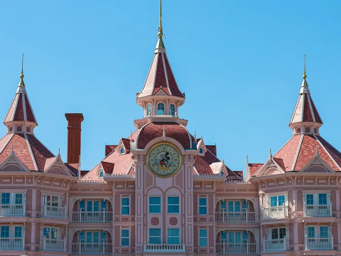Façade victorienne rose du Disneyland Hotel avec ses tourelles et l’horloge Mickey sous un ciel bleu