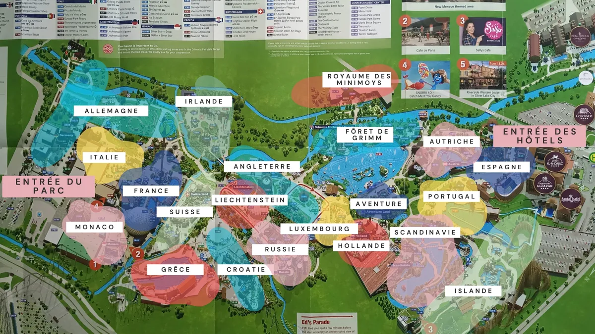 Plan d’Europa-Park : les 21 quartiers thématiques délimités par couleur et nommés sur la carte du parc