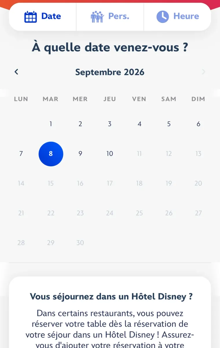 Écran de choix de la date de réservation dans l’application Disneyland Paris