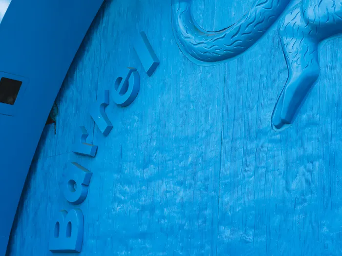 Close-up of the word Barrel in raised blue letters and the monkey’s curled arm on the blue Toy Story Playland shop front, Disneyland Paris