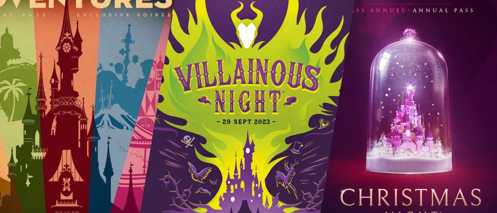 Montage de trois affiches de soirées Disneyland Pass 2023 : Park Adventures, Villainous Night et Christmas Night