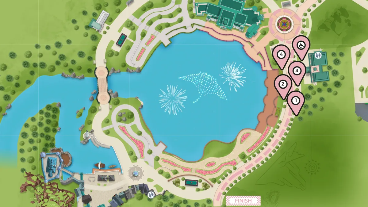 Plan d’Adventure Bay à Disney Adventure World avec des emplacements de vue numérotés
