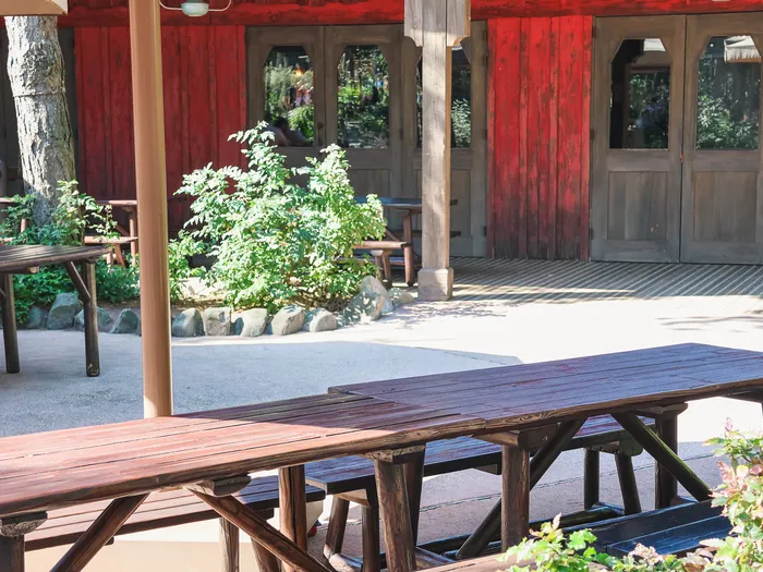 Tables de pique-nique en bois sur la terrasse abritée du Cowboy Cookout Barbecue devant sa grange rouge à Frontierland.
