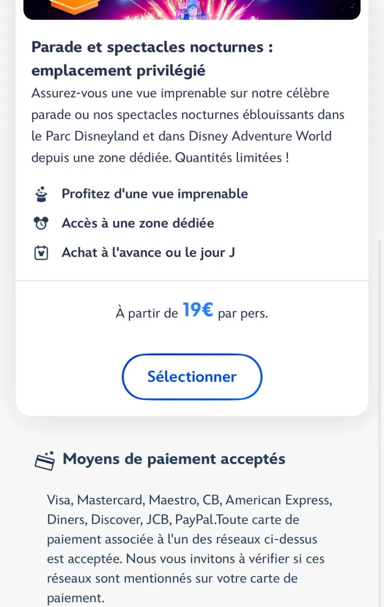 Offre Parade et spectacles nocturnes : emplacement privilégié, à partir de 19€ par personne