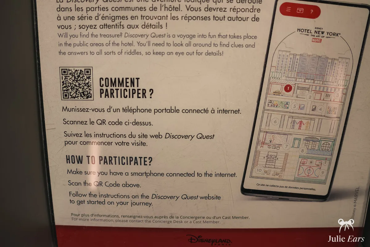 How to take part in the Discovery Quest: a QR code to scan and an illustrated map of Disney Hotel New York - The Art of Marvel on the phone