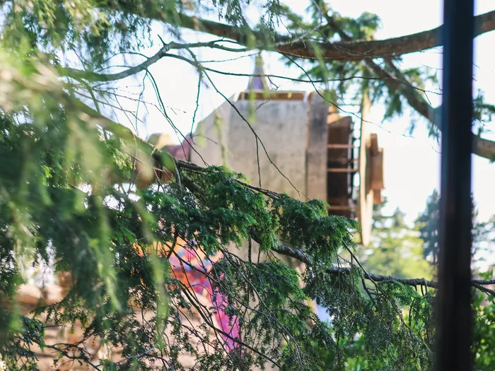 Structure en pierre et bois du moulin The Old Mill entrevue à travers les branches de sapins à Fantasyland