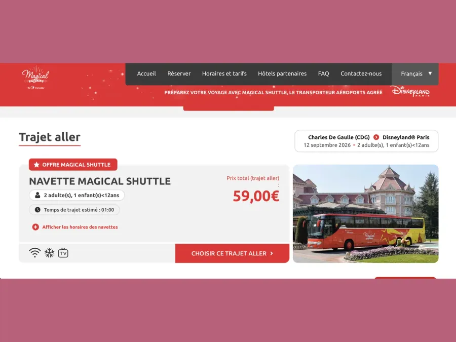 Écran de choix du trajet aller du Magical Shuttle, avec le prix total et le temps de trajet estimé