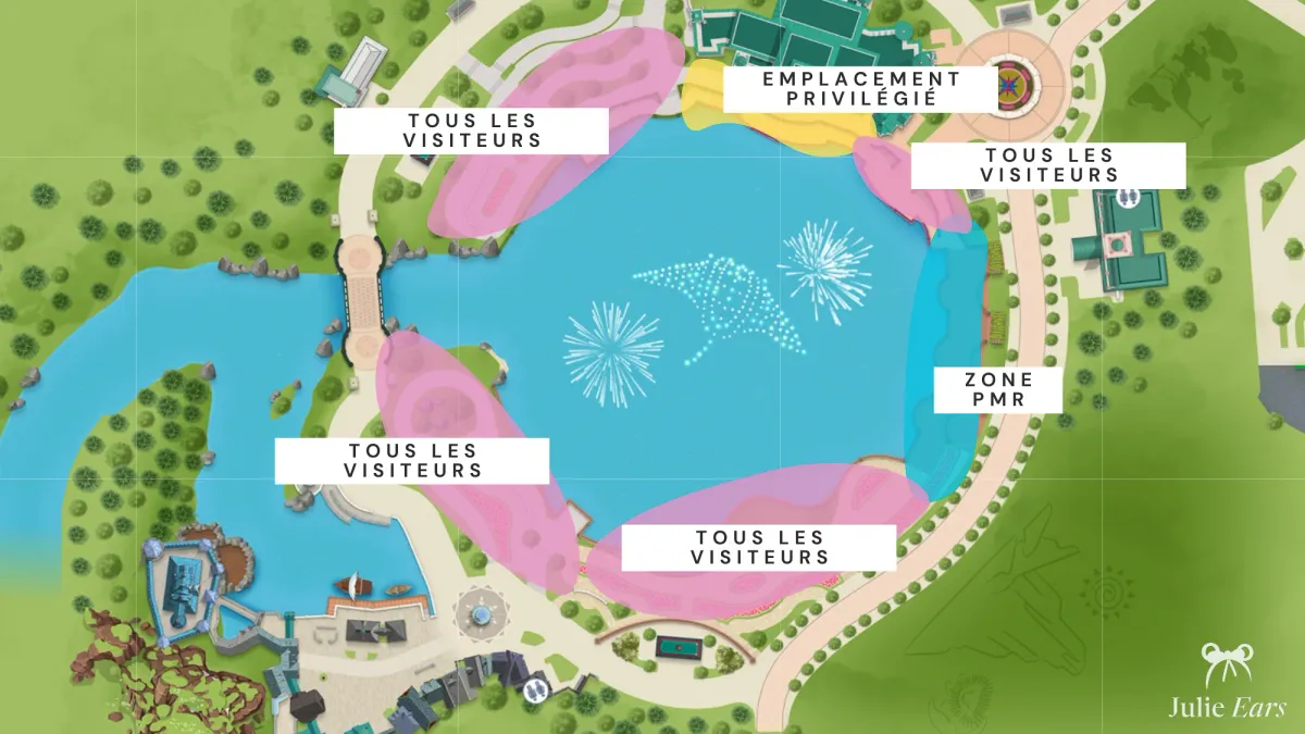 Plan du lac situant les zones tous visiteurs, l’emplacement privilégié et la zone PMR pour Disney Cascade of Lights
